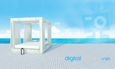 Beach Lounge With Sundeck On Sea View And Blue Sky Background-3d… Stock Image
