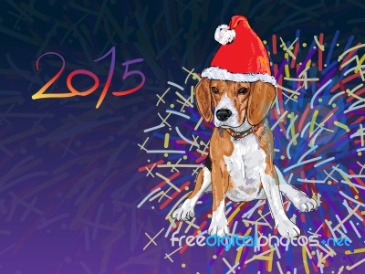 Beagle Wear Christmas Hat With Fireworks Background Design For N… Stock Image
