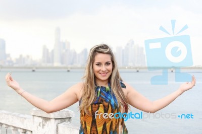 Beautiful Girl With Open Arms Outdoor Stock Photo