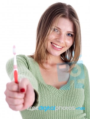 Beautiful Woman Holding Tooth Brush Stock Photo