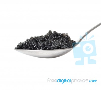 Black Caviar In Spoon Stock Photo