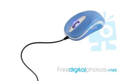 Blue Computer Mouse And Tail On White Background Stock Photo