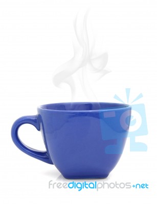 Blue Cup With Hot Drink On White Background Stock Photo