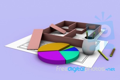 Blueprints And Pie Chart Stock Image