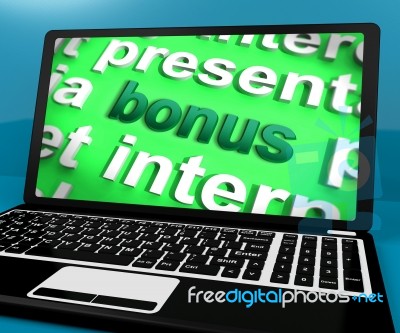 Bonus On Laptop Shows Rewards Benefits Or Perks Online Stock Image