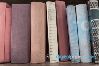 Book Stack On Wood Shelf Stock Photo