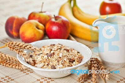 Bowl Of Muesli For Breakfast With Fruits Stock Photo