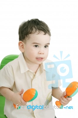 Boy With Maracas, Isolated On White Stock Photo