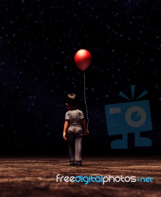 Boy With Red Balloon In The Dark,3d Illustration Stock Image