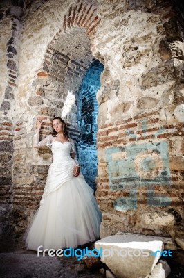 Bride In An Old Castle Stock Photo