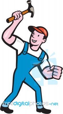 Builder Carpenter Holding Hammer Cartoon Stock Image