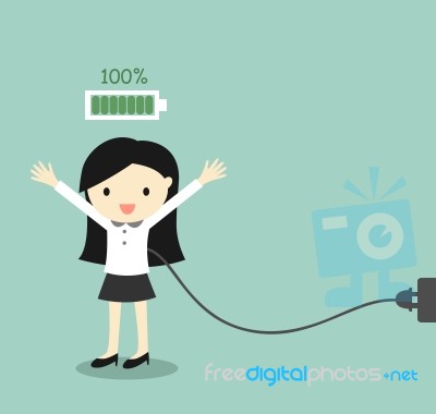 Business Concept, Business Woman With Full Battery Stock Image