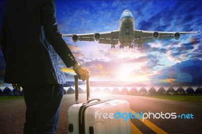 Business Man And Luggage Standing In Airport And Passenger Jet P… Stock Photo