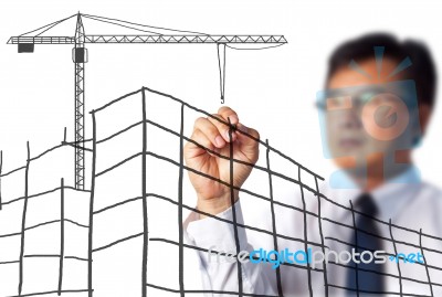 Business Man Drawing Construction Site Stock Photo