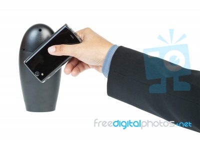 Business Man Holding Smartphone As Near Field Communication Stock Photo
