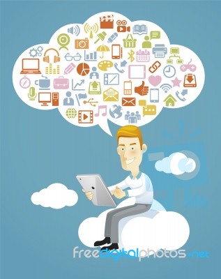 Business Man Using A Tablet Sitting On A Cloud With Social Media… Stock Image