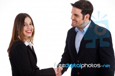 Business Man Welcoming A Women By Shake Hands Stock Photo