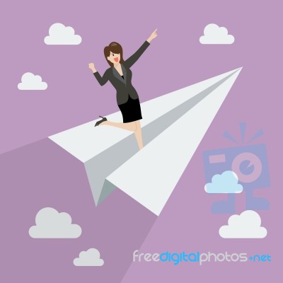 Business Woman On Paper Rocket Stock Image