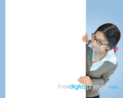 Business Woman Peeping Over White Billboard Stock Photo