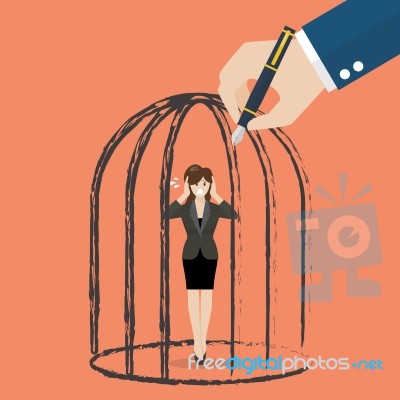 Business Woman Standing In A Hand Drawn Cage Stock Image