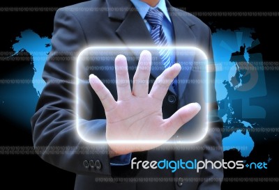 Businessman Hand Pushing Button Stock Photo