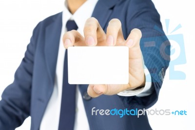 Businessman Hold Business Card Or White Card Isolated On White Stock Photo