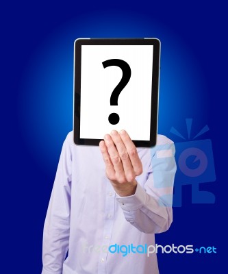 Businessman Holding Digital Tablet With Question Stock Photo