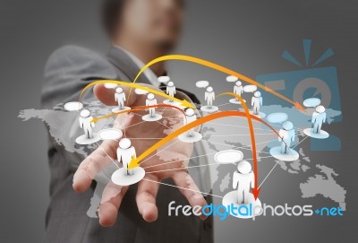 Businessman Shows Social Netwok Concept Stock Photo