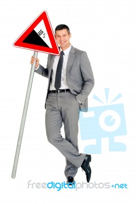 Businessman Steep Road Sign Stock Photo