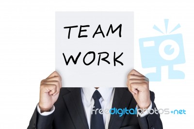 Businessman With Teamwork Card Stock Photo