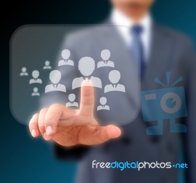 Businessman Works With Social Network Display Stock Photo