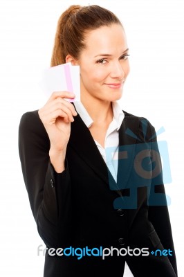 Businesswoman Holding Cards Stock Photo