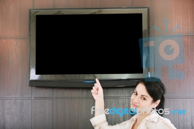 Businesswoman Presentation With Tv Stock Photo