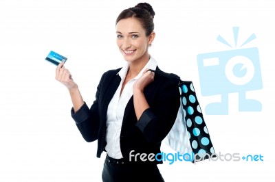 Businesswoman With Shopping Bag And Cash Card Stock Photo