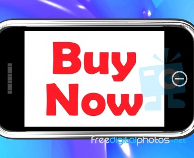Buy Now On Phone Shows Purchasing And Online Shopping Stock Image