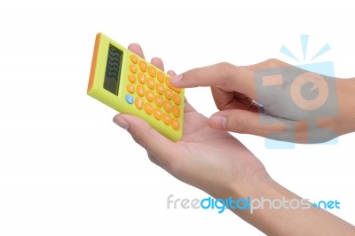 Calculator With Female Hand Isolated On White Stock Photo