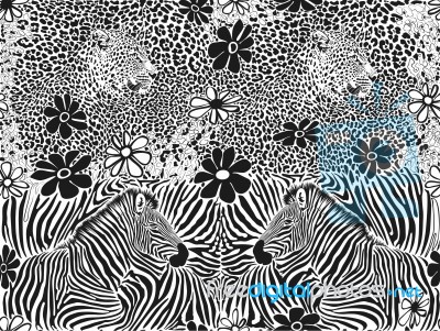 Camouflage And Leopard And Zebra Heads With Cartoon Flowers Stock Image