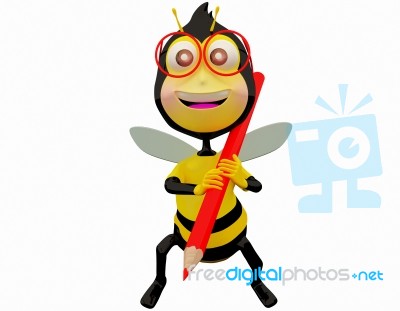 Cartoon Bee With Pencil Stock Image