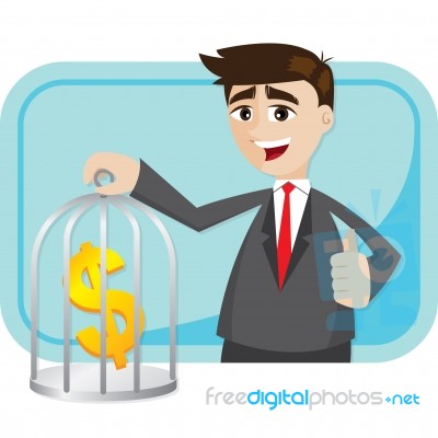 Cartoon Businessman Saving Money In Cage Stock Image