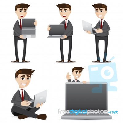 Cartoon Businessman With Computer Laptop Set Stock Image