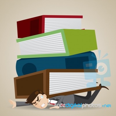 Cartoon Businessman With Stack Of Folder And Book Over His Back Stock Image
