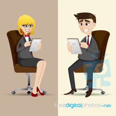 Cartoon Businesspeople Sitting On Chair And Using Tablet Stock Image