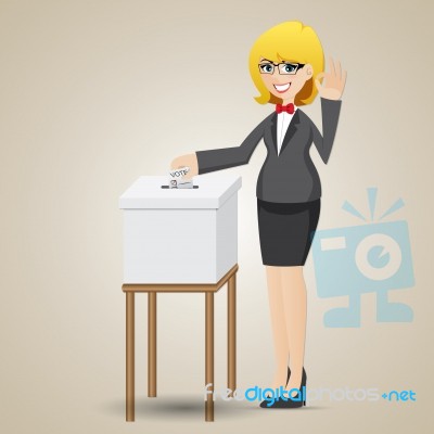 Cartoon Businesswoman Voting With Ballot Box Stock Image