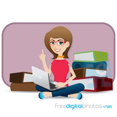 Cartoon Cute Girl Using Laptop Stock Image