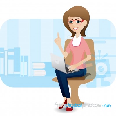 Cartoon Cute Girl With Laptop At Office Stock Image