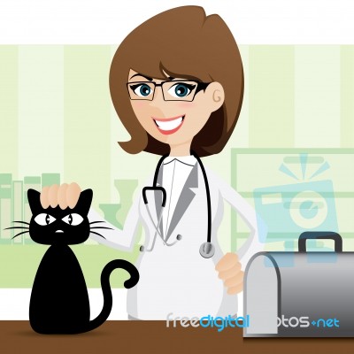 Cartoon Cute Veterinarian And Cat Stock Image