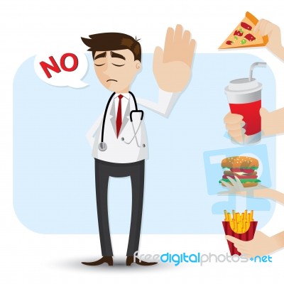 Cartoon Doctor Refuse Junk Food Stock Image