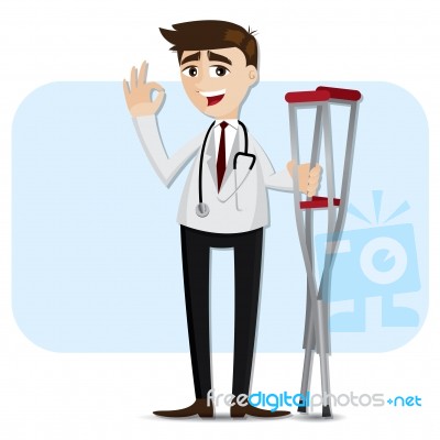 Cartoon Doctor With Crutch Stock Image