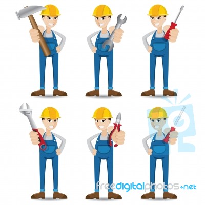Cartoon Mechanic With Tools Set Stock Image