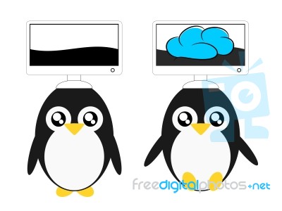 Cartoon Penguin And Computer Cloud Illustration Stock Image